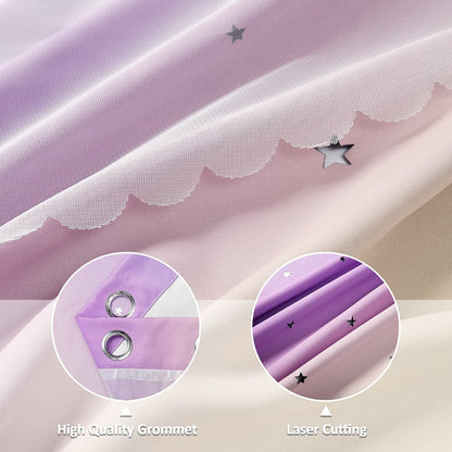 Anjee Curtains for Girls 2 in 1 Double Layer Cutout Star Light Blocking Ombre Grommets Top Drape with Lace Sheer Voile Gauze for Living Room Kids Bedroom 2 Panels 52 x 95 inch, Blue Purple Yellow