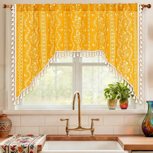Yinhua Boho Swag Valance Curtains Vintage Linen Valances for Windows Light Filtering Floral Kitchen Valance Rod Pocket Farmhouse Rustic Tassel Window Valances for Bathroom Cafe, 60" W x 36" L, Yellow