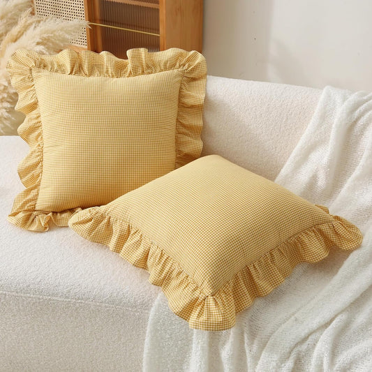 Gingham Throw Pillow Covers 18x18, Mustard/White, Ruffle Trim | 100% washed cotton, Vintage farmhouse checkered style, Decorative pillow shams, Hidden zipper, Set of 2