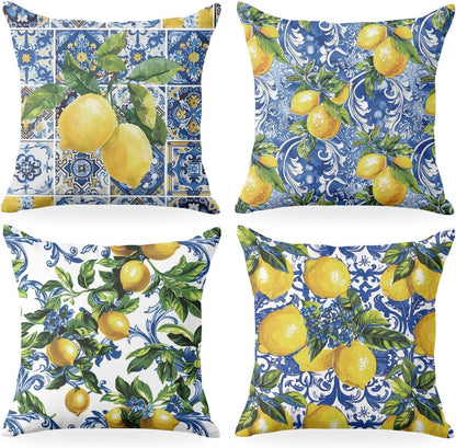 4 PCs Pillow Covers 18x18, Italy Lemon Throw Pillow Covers, Lemon Decor Italian Gifts Pillow Cases Decorative Pillow Protectors Living Room Bedroom Office Home Decor for Cushion Car Bed