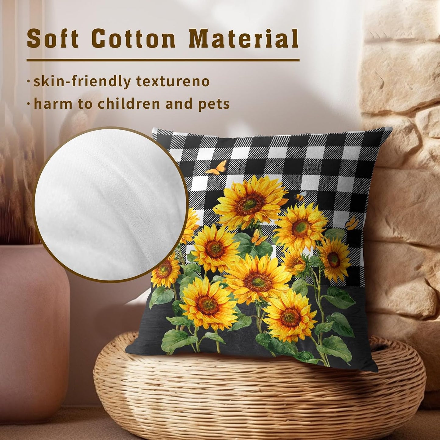 Spring Summer Pillow Covers - Sunflower Throw Pillow Covers Pack of 2 Floral Pillowcases Buffalo Plaid Cushion Cover 18x18 for Couch Bench Sofa Yellow