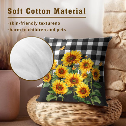 Spring Summer Pillow Covers - Sunflower Throw Pillow Covers Pack of 2 Floral Pillowcases Buffalo Plaid Cushion Cover 18x18 for Couch Bench Sofa Yellow