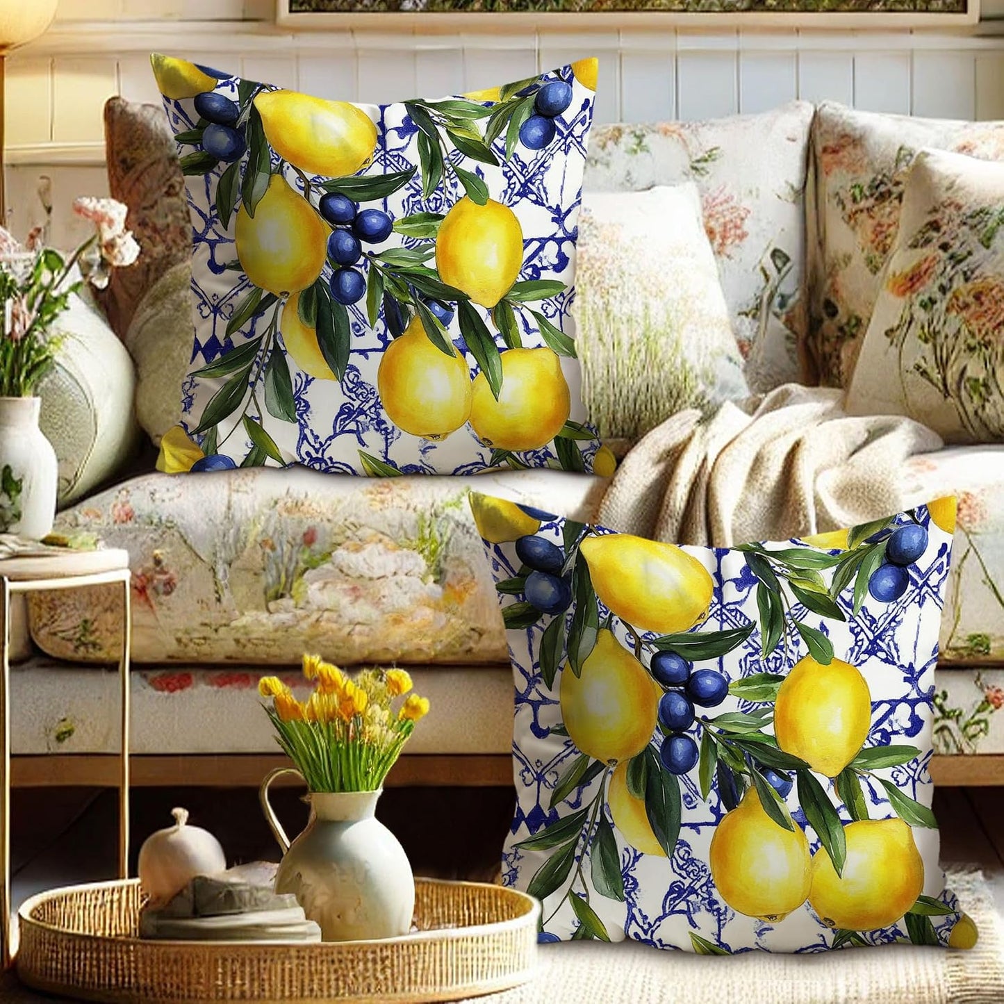 Lemon and Blueberry Throw Pillow Covers Set of 2, Bright Yellow and Blue Floral Cushions, Summer Decorative Square Farmhouse Decor for Home Couch Sofa Bed 16x16 Inch