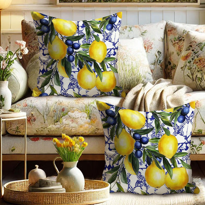 Lemon and Blueberry Throw Pillow Covers Set of 2, Bright Yellow and Blue Floral Cushions, Summer Decorative Square Farmhouse Decor for Home Couch Sofa Bed 16x16 Inch