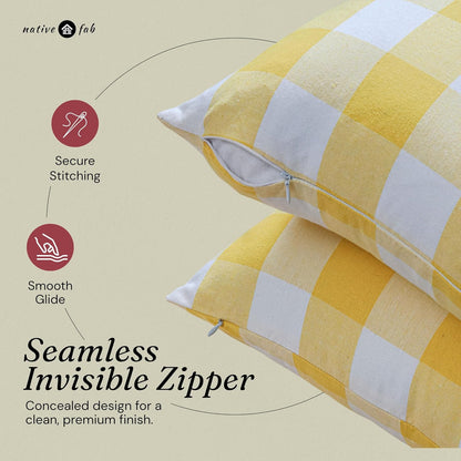 Native Fab Premium Throw Pillow Covers 2 Pack, 18x18 Inches, 100% Cotton, Vibrant Buffalo Plaid, Summer Check Cushion Cases, Bright Farmhouse Accent for Living Room, Outdoor, Lemon Yellow & White