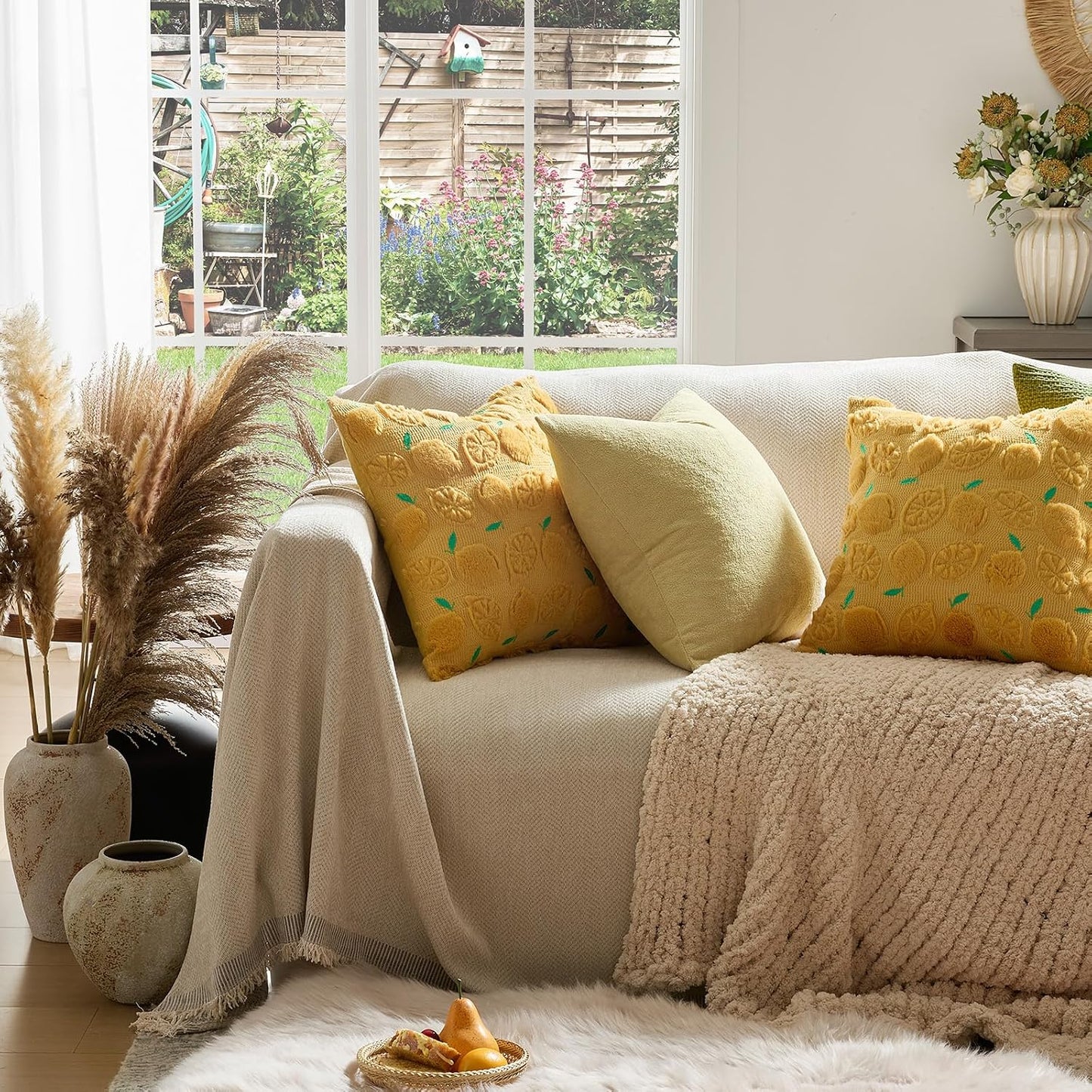 GIGIZAZA Pack of 2 Yellow Pillow Covers 20x20, Decorative Throw Pillows Cute Boho Farmhouse Covers for Couch Faux Fur Fruit Pattern Pillow Cases Embroidered Living Room Cushion Covers