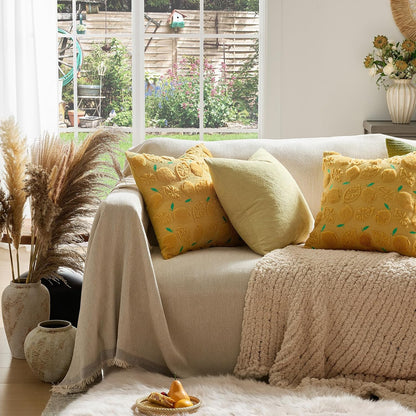 GIGIZAZA Pack of 2 Yellow Pillow Covers 20x20, Decorative Throw Pillows Cute Boho Farmhouse Covers for Couch Faux Fur Fruit Pattern Pillow Cases Embroidered Living Room Cushion Covers