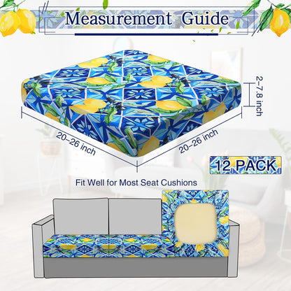 Newwiee 12 Pcs Patio Cushion Covers Outdoor Stretch Sofa Couch Cover Replacement Couch Slipcover Sofa Seat Chair Porch Patio Furniture Protector, Flexibility Washable(Blue Series,Yellow Lemon)