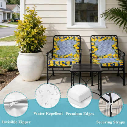 Blue Yellow Lemon Indoor/Outdoor Seat Cushions Cover, Summer Country Fruits Italian Style Waterproof Patio Chaise Lounge Cushion Cover for Beach Pool Side Chair Cushions 20''x18''x2pcs