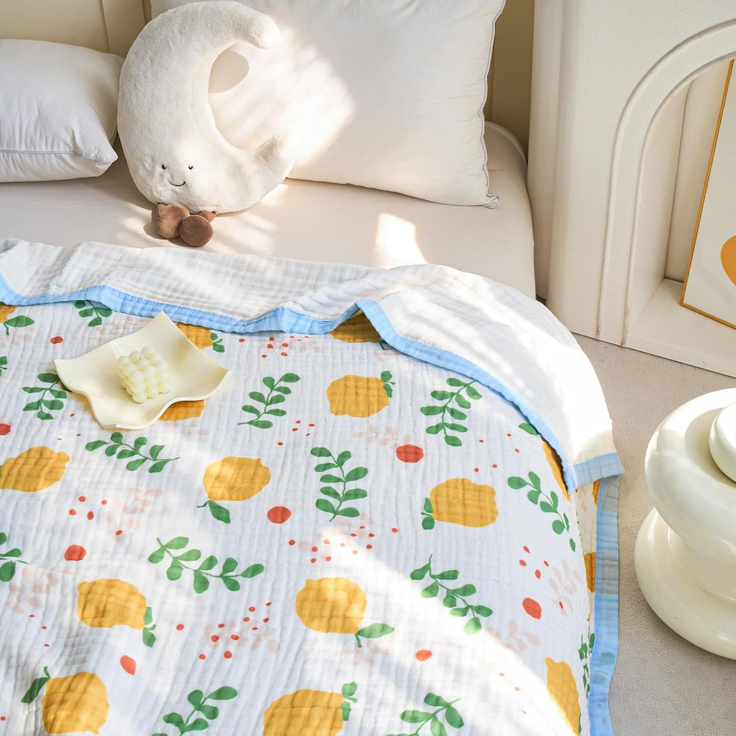J-pinno Lemon Yellow Fruit Muslin Blanket 100% Cotton 6 Layer Quilt Bed Blanket Soft Warm Throw Sofa Couch Toddler Boys Girls Cartoon Travel Cover Blanket (Lemon, Crib 45" X 60")