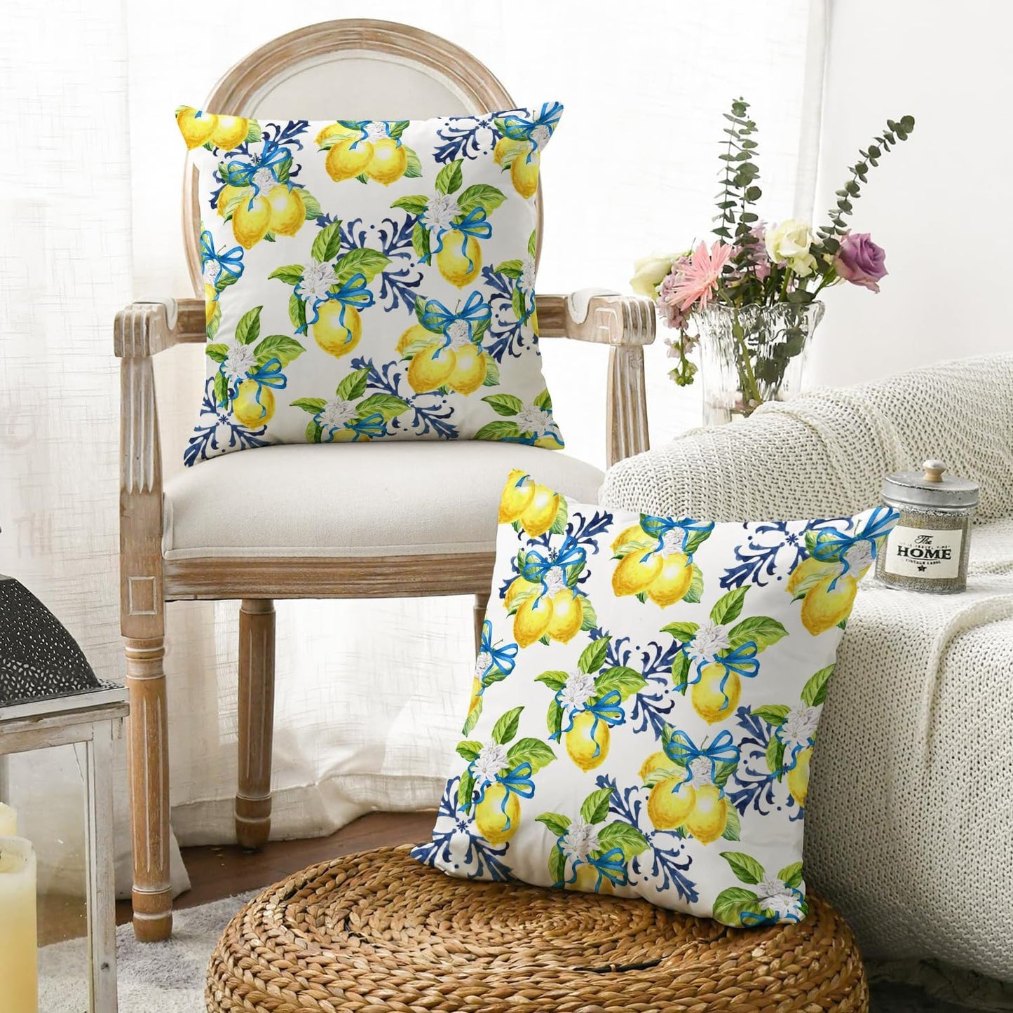 Yellow Lemon Pillow Covers, 18x18 Inch Decorative Throw Pillow Cases with Blue Bowknot, Farmhouse Summer Lemon Green Leaf Floral Cushion Cover for Outdoor Decor, Set of 2
