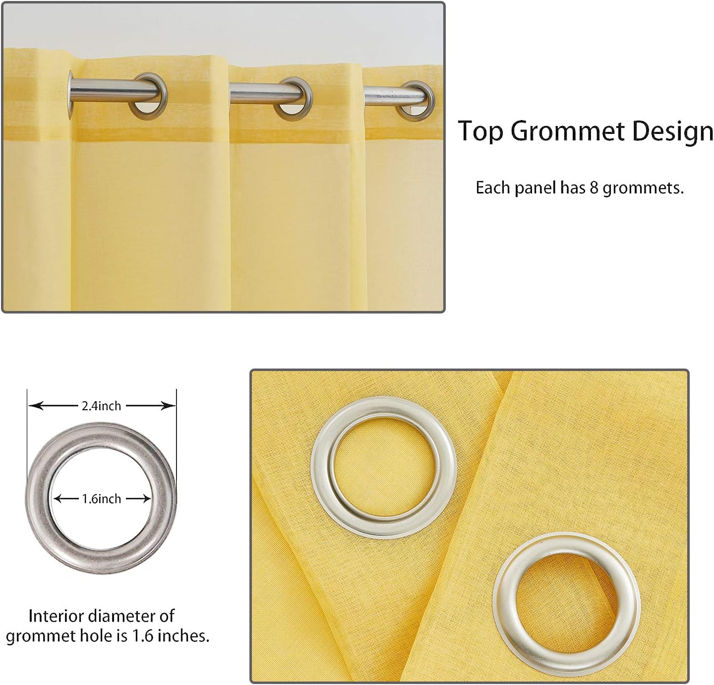 July Joy Semi Linen Look Sheer Curtains for Bedroom, Living Room Grommet Light Filtering Solid Voile Window Curtains, Set of 2 Panels (52 x 84 inch, Yellow)