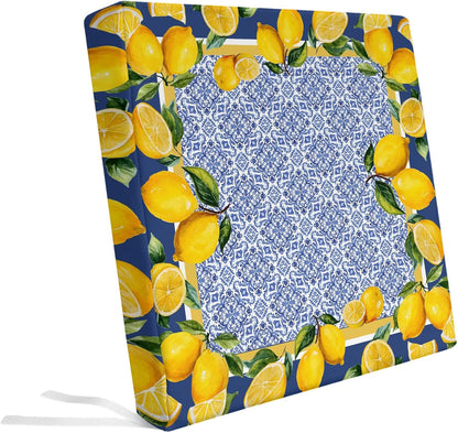 Blue Yellow Lemon Indoor/Outdoor Seat Cushions Cover, Summer Country Fruits Italian Style Waterproof Patio Chaise Lounge Cushion Cover for Beach Pool Side Chair Cushions 20''x18''x2pcs