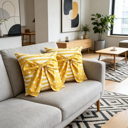 Yellow Big Bows Throw Pillow Covers Set of 2, Linen Pillow Covers with Striped Polka Dot Print, Spring Summer Decorative Cushion Cases for Safa Couch Home Decor, Yellow-Dot, 18X18 Inch