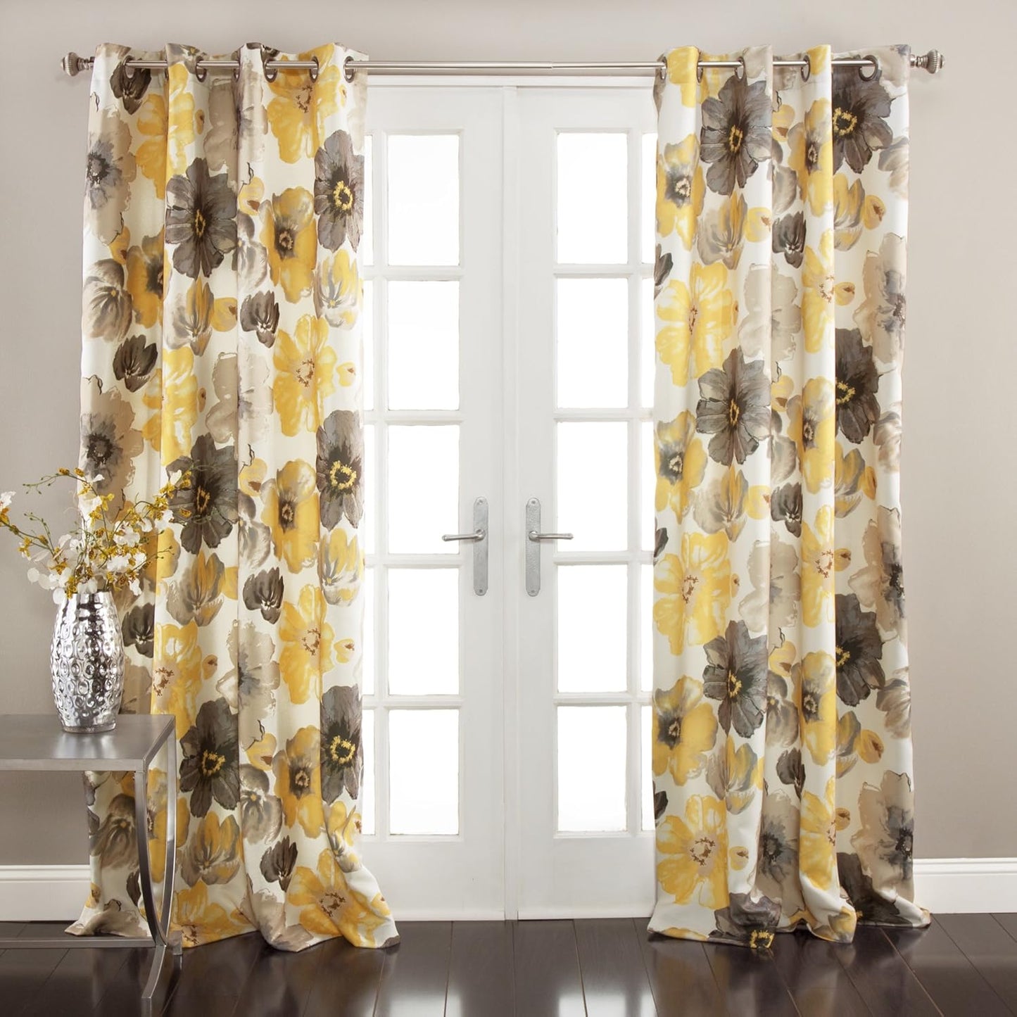 Lush Decor Leah Room Darkening Window Curtain Panel Pair, 84 inch x 52 inch, Yellow/Gray, Set of 2