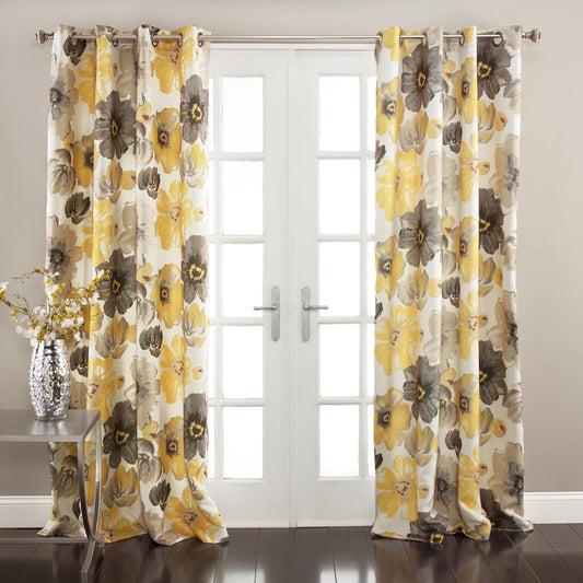 Lush Decor Leah Room Darkening Window Curtain Panel Pair, 84 inch x 52 inch, Yellow/Gray, Set of 2