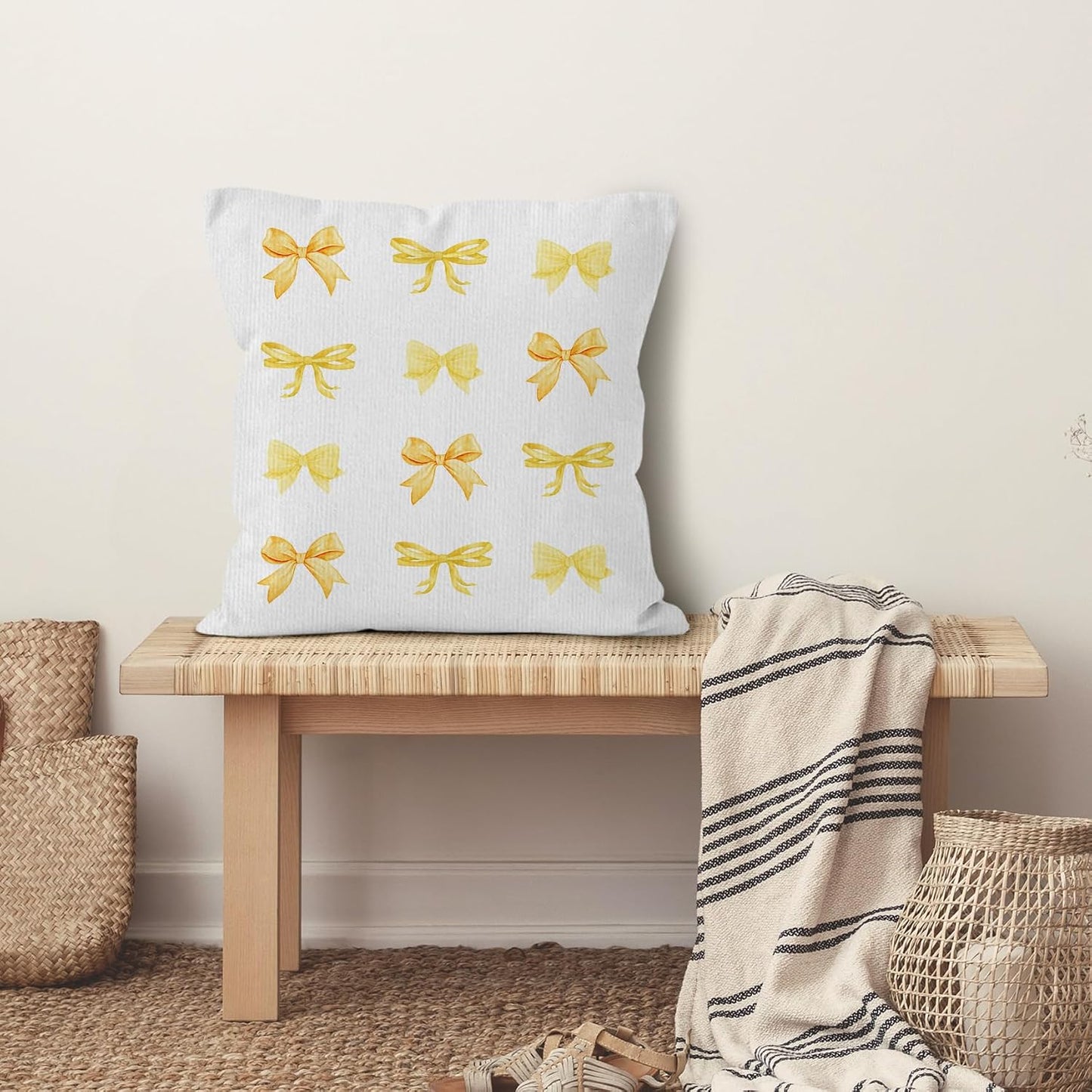 Yellow Bow Throw Pillow Covers, Coquette Pillow Covers, Girly Decorative Pillow Covers for Girls Room Aesthetic, Coquette Room Decor, Bow Room Decor, Preppy Trendy Decor Pillow Covers 18x18