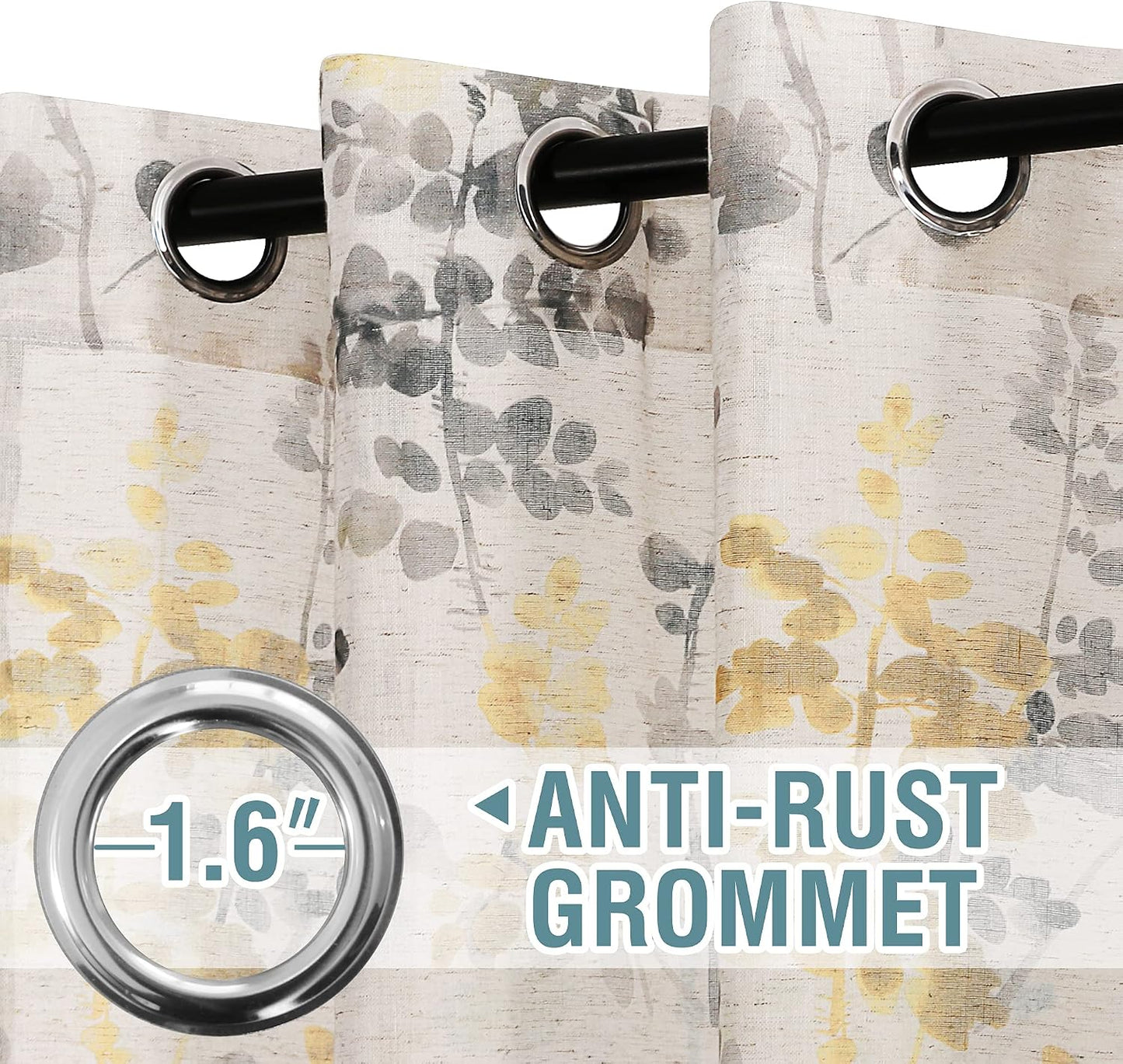 H.VERSAILTEX Sheer Linen Curtains 63 Inch Long Semi Sheer Curtains Draperies for Living Room/Bedroom Vintage Classical Floral Printing Window Treatment Grommet 2 Panels, Yellow and Taupe