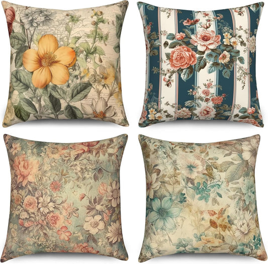 Vintage Floral Throw Pillow Covers, Colorful Flower Decorative Velvet Pillow case, Yellow Pink Bloomy Pattern 4-Pack Double-Side Printed Pillowcases for Sofa Home Living Room, 18x18 in