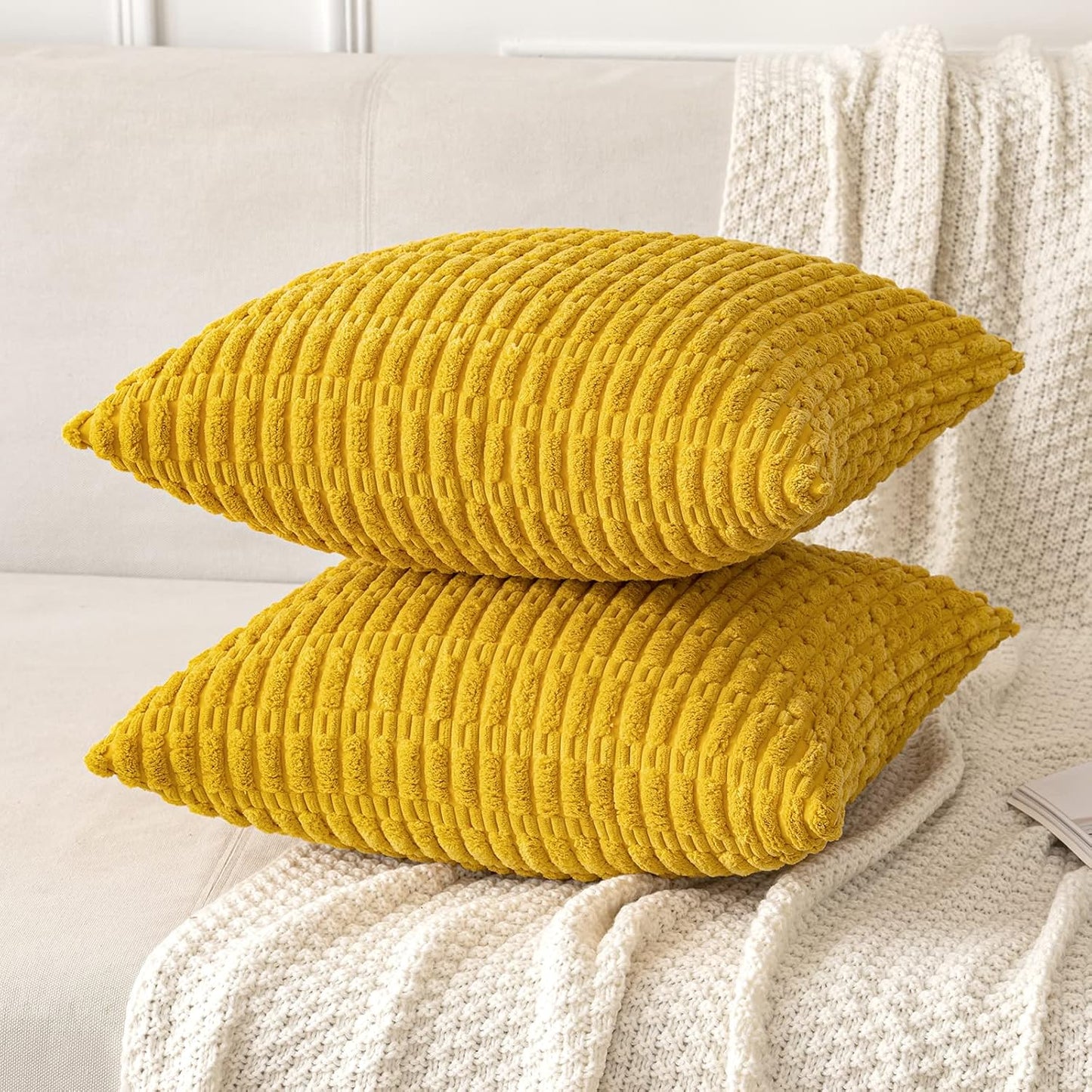 MIULEE Pack of 2 Corduroy Decorative Throw Pillow Covers 18x18 Inch Soft Boho Striped Pillow Covers Modern Farmhouse Home Decor for Summer Sofa Living Room Couch Bed Mustard Yellow