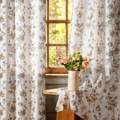 Floral Linen Curtains 72 inch Length 2 Panels Set Flower Patterned Semi Sheer Light Filtering Privacy Farmhouse Grommet Drapes for Living Room, Yellow, 52" W X 72" L, Tan