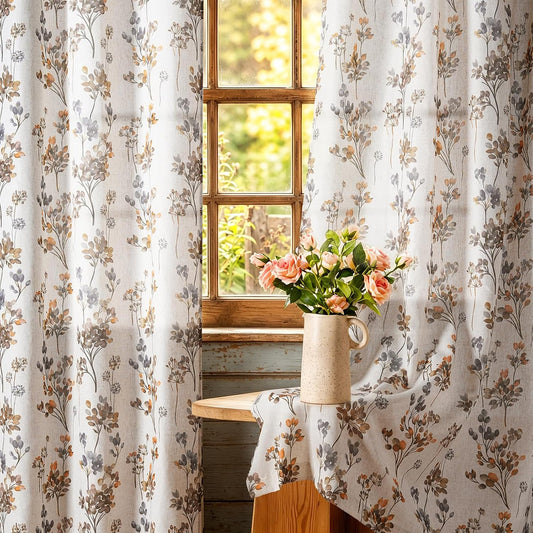 Floral Linen Curtains 72 inch Length 2 Panels Set Flower Patterned Semi Sheer Light Filtering Privacy Farmhouse Grommet Drapes for Living Room, Yellow, 52" W X 72" L, Tan
