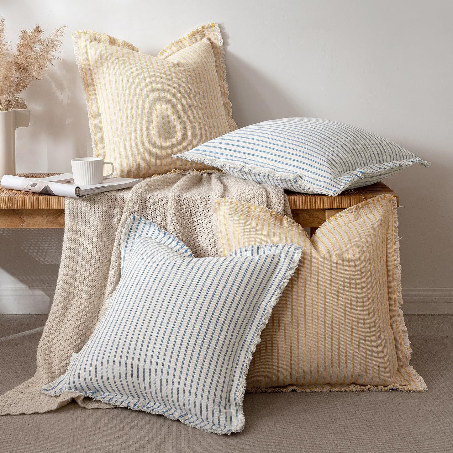 MIULEE Pack of 2 Yellow Pillow Covers 20x20 Inch Striped Farmhouse Couch Spring Throw Pillow Covers with Fringe Chic Cotton Decorative Cushion Covers for Summer Sofa Living Room Bed Outdoor Home Decor