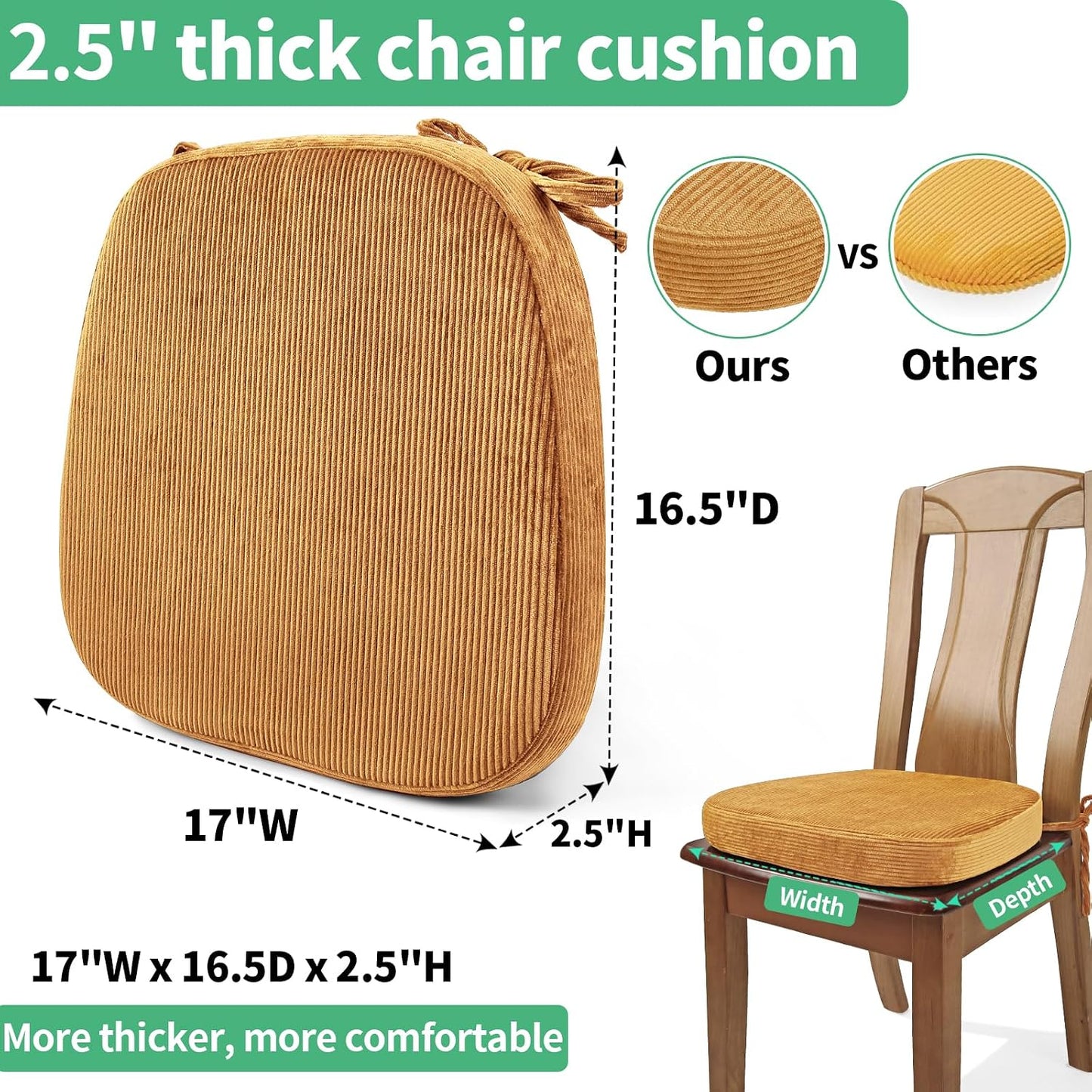 2.5" Thick Chair Cushions for Dining Chair, Corduroy High Density Foam Kitchen Chair Pads, U Shaped Indoor Seat Cushions with Ties & Non-Slip Backing, Washable Cover, 17''x16.5'', Yellow