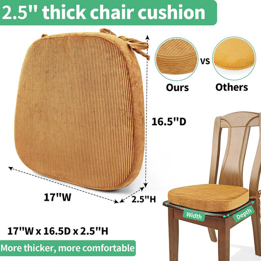 2.5" Thick Chair Cushions for Dining Chair, Corduroy High Density Foam Kitchen Chair Pads, U Shaped Indoor Seat Cushions with Ties & Non-Slip Backing, Washable Cover, 17''x16.5'', Yellow