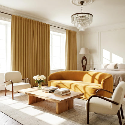 NICETOWN Scratch-Proof 100% Blackout Mustard Yellow Curtains, High-Density Linen Blend Window Treatments Rod Pocket & Back Tab Thermal Drapes for Living Room, W52 x L84, 2 Panels