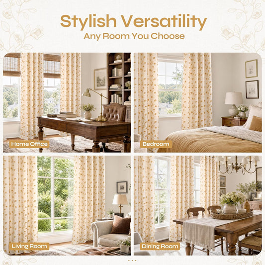 BGment Yellow Linen Curtains for Living Room, Jacquard Leaf Botanical Pattern Tufted Boho Pom Pom Farmhouse French Country Vintage Light Filtering Elegant Luxury Soft Window Drapes, 2 Panels, 52 x 96