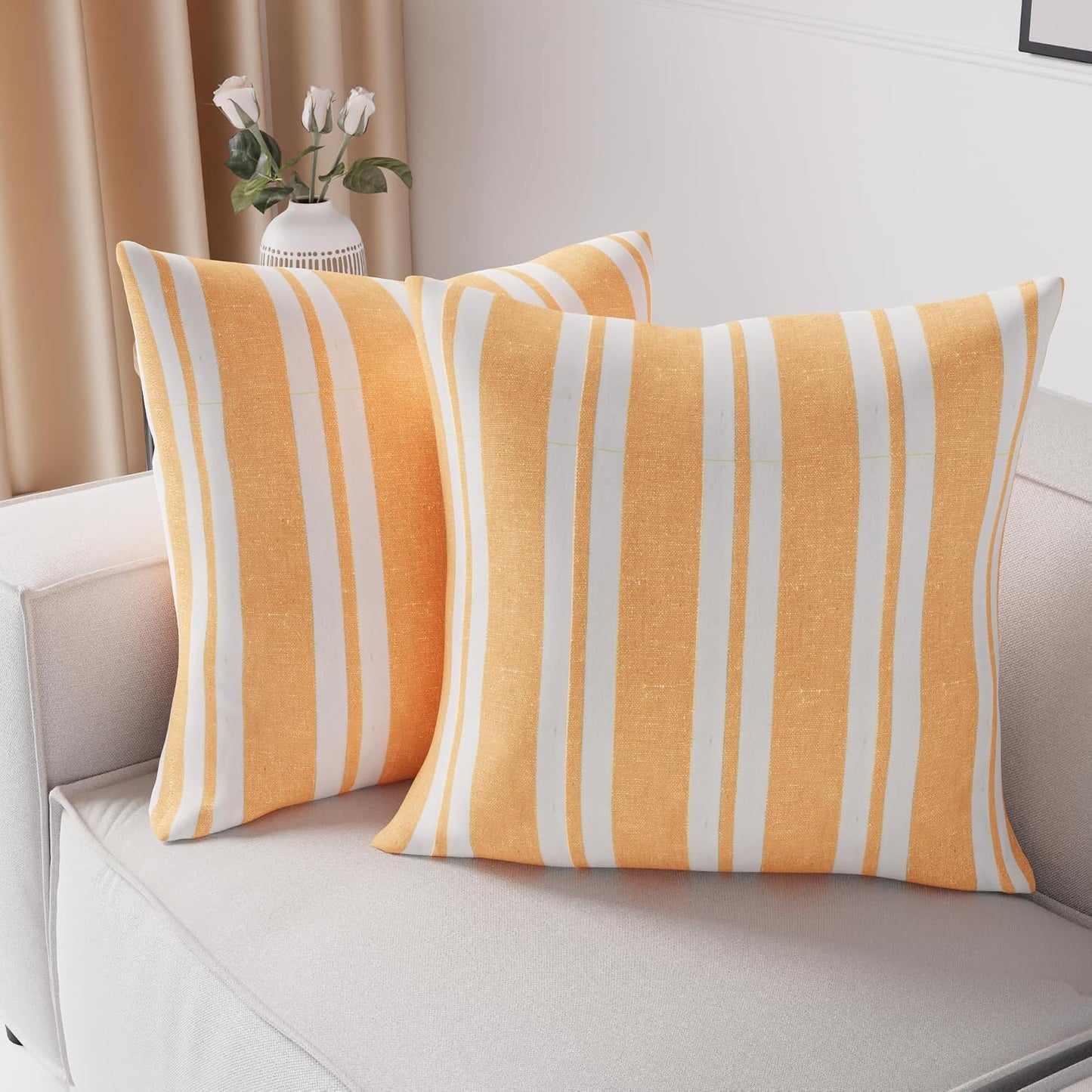 Encasa XO Farmhouse Throw Pillow Covers Set of 2 (20x20 in) Franca Yellow Stripes | Decorative Cushion Covers No Inserts | Plaid and Stripes Pillow Covers for Living Room, Couch