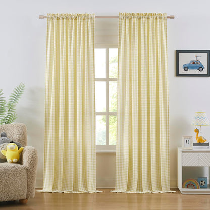 ZJDECOR 84 Inches Yellow White Buffalo Plaid Curtains,Farmhouse Crinkled Not-See-Through Sheer Window Treatment for Bedroom Living Room Nursery,Rod Pocket,Tiebacks Included,52" Wx84 L(Pack of 2)