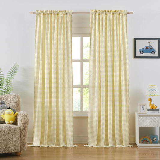 ZJDECOR 84 Inches Yellow White Buffalo Plaid Curtains,Farmhouse Crinkled Not-See-Through Sheer Window Treatment for Bedroom Living Room Nursery,Rod Pocket,Tiebacks Included,52" Wx84 L(Pack of 2)