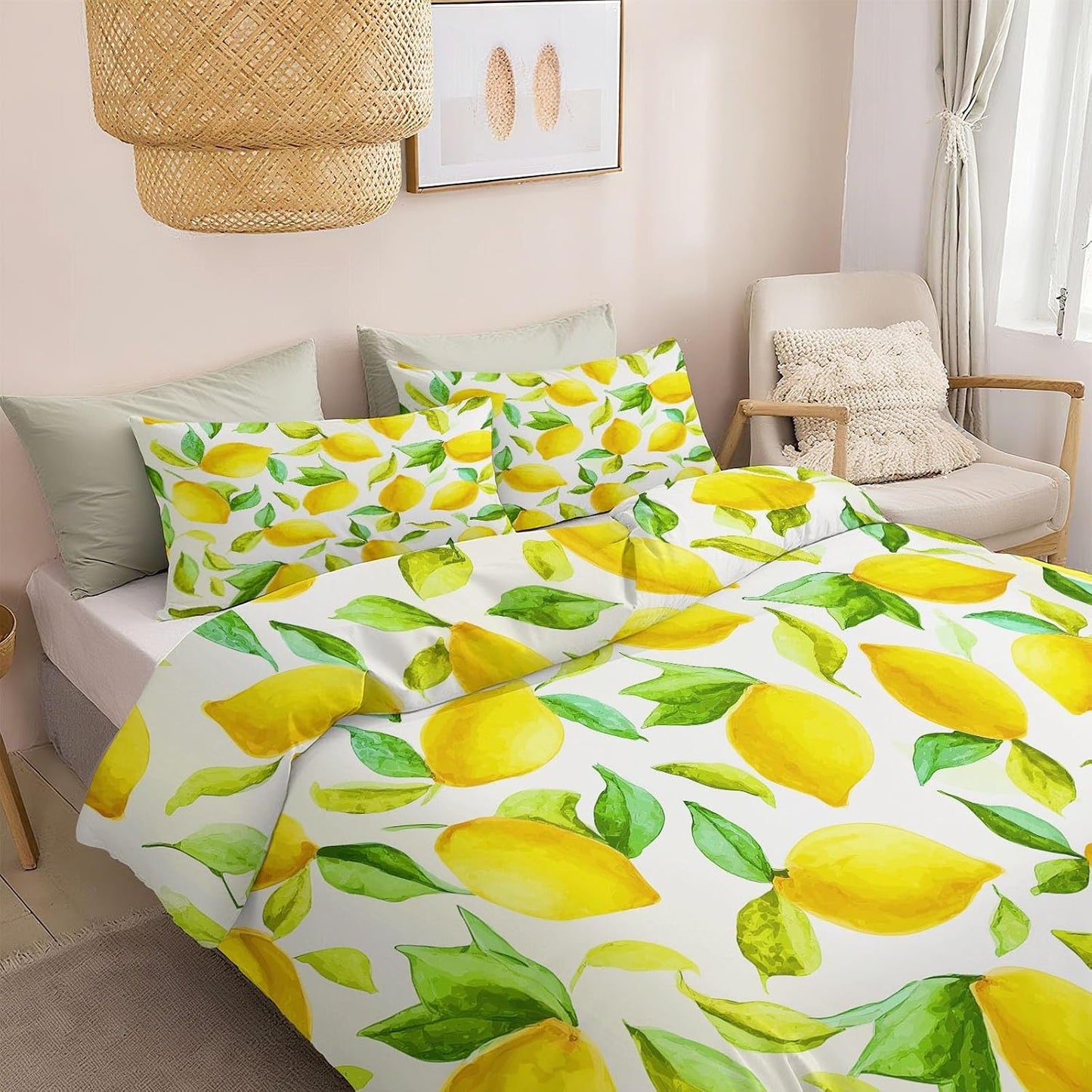 Yellow Duvet Cover Set King Size, Kids Teens Hand Drawn Leaves and Lemon Bedding Set, 3 Piece Soft Microfiber Comforter Cover (104 x 90 in) with 2 Pillowcase