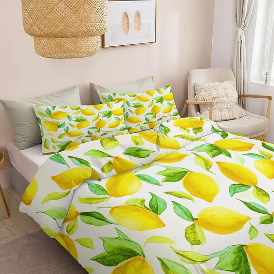 Yellow Duvet Cover Set King Size, Kids Teens Hand Drawn Leaves and Lemon Bedding Set, 3 Piece Soft Microfiber Comforter Cover (104 x 90 in) with 2 Pillowcase