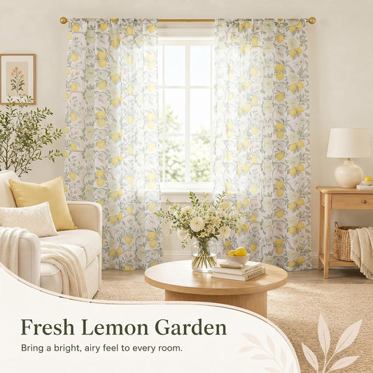 OWENIE Lemon Floral Botanical Sheer Curtains 84 Inches Long 2 Panels Set, Yellow Lemon & White Rose Print Light Filtering Rod Pocket Window Drapes for Living Room Bedroom Farmhouse Cottage Decor
