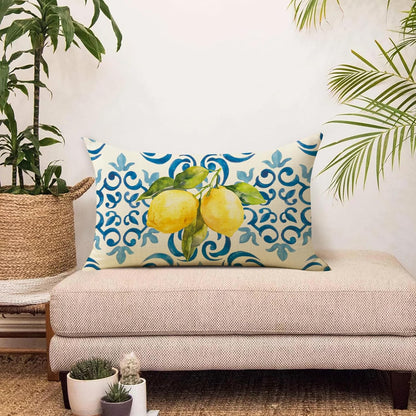 Blue Lemon Lumbar Decorative Throw Pillow Cover 12 x 20, Rectangular Amalfi Coast Citrus Italy Tile Pattern Outdoor Home Decor, Summer Mediterranean Couch Cushion Case Housewarming Gift