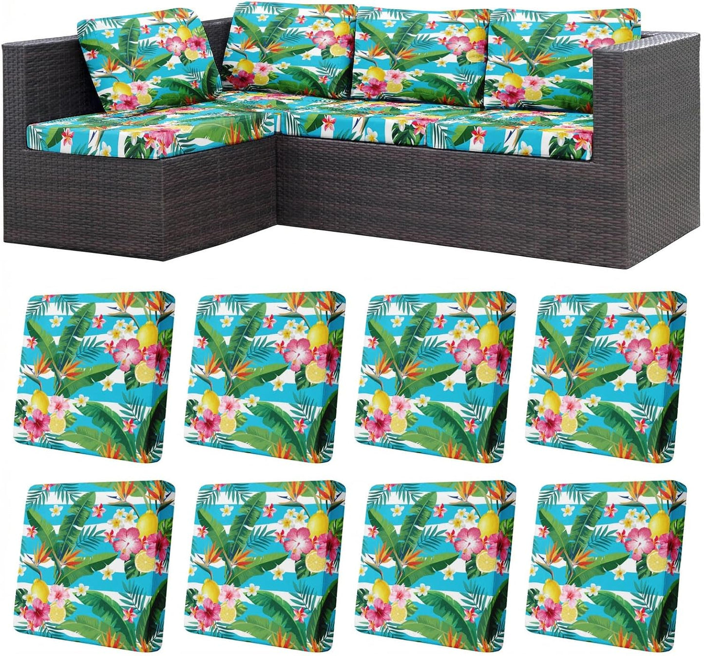8 Pcs Summer Lemon Stretch Patio Cushion Covers Tropical Floral Outdoor Cushion Covers Outdoor Seat Couch Sofa Slipcovers Washable Replacement Couch Slipcovers Furniture Protector for Garden Porch
