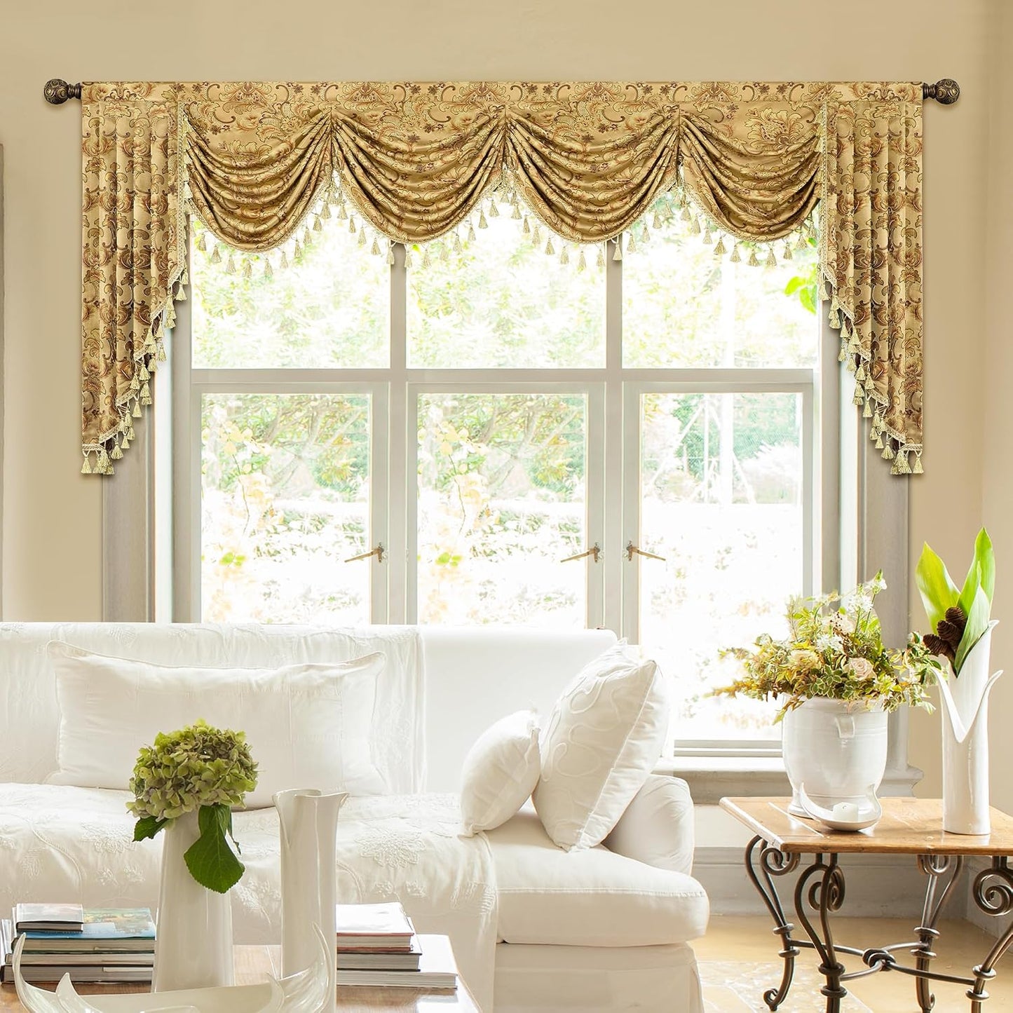 Loom and Mill Luxury Waterfall Valances for Windows, Elegant Jacquard Thick Swag Waterfall Curtains Valance with Tassels for Living Room, Bedroom Party Christmas Decor (Yellow, W110 Inch, 1 Panel)