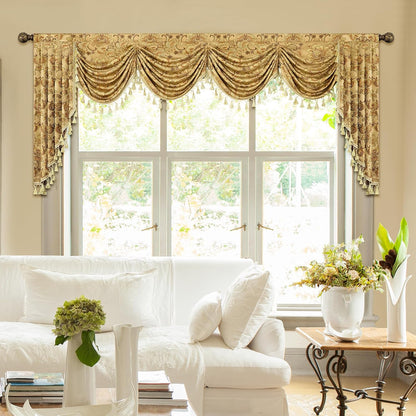 Loom and Mill Luxury Waterfall Valances for Windows, Elegant Jacquard Thick Swag Waterfall Curtains Valance with Tassels for Living Room, Bedroom Party Christmas Decor (Yellow, W110 Inch, 1 Panel)