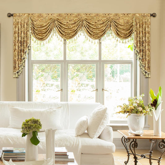 Loom and Mill Luxury Waterfall Valances for Windows, Elegant Jacquard Thick Swag Waterfall Curtains Valance with Tassels for Living Room, Bedroom Party Christmas Decor (Yellow, W110 Inch, 1 Panel)