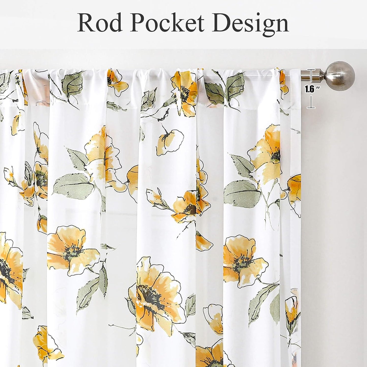 Yellow Floral Sheer Curtains 84 inches Long for Living Room, Silky-Smooth Chiffon Privacy Semi Sheer Drapes Chinoiserie WildFlower Patterned Window Curtains 2 Panel Sets for Bedroom, Yellow and White