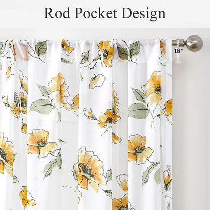 Yellow Floral Sheer Curtains 84 inches Long for Living Room, Silky-Smooth Chiffon Privacy Semi Sheer Drapes Chinoiserie WildFlower Patterned Window Curtains 2 Panel Sets for Bedroom, Yellow and White