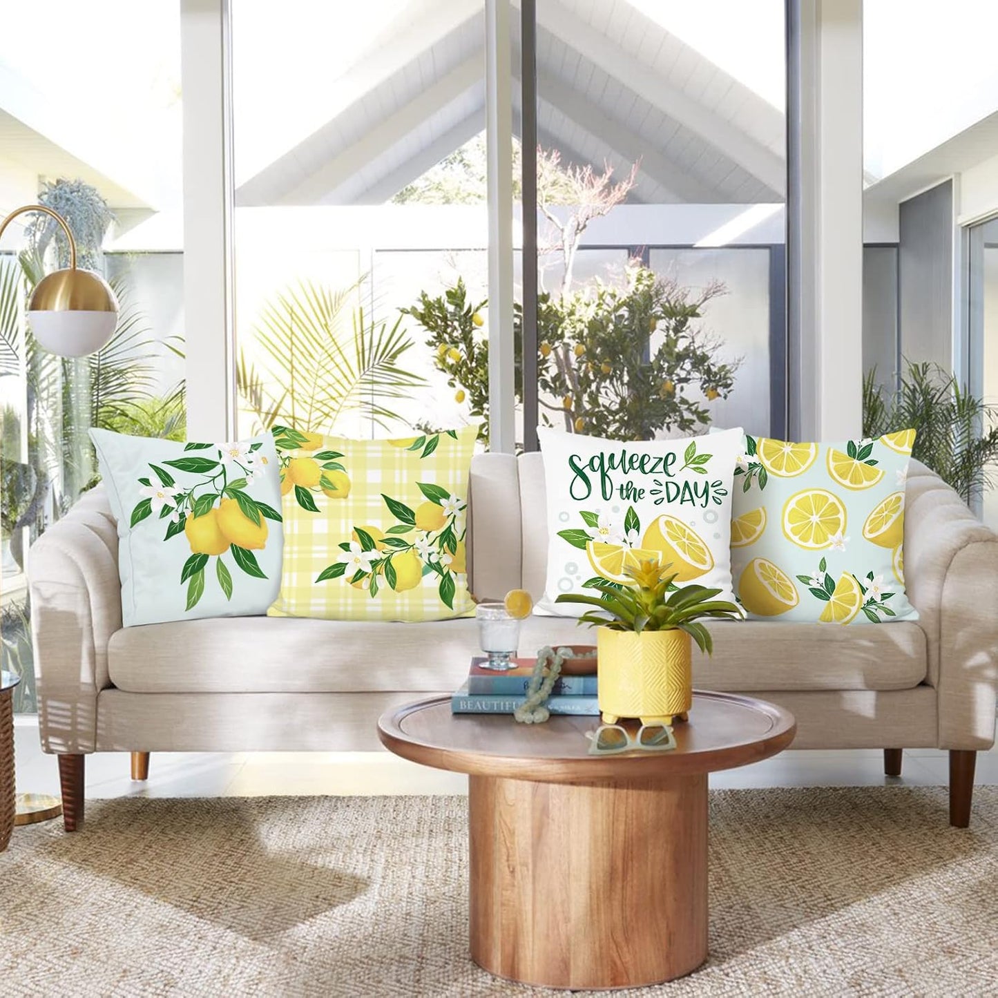 Bonhause Lemon Throw Pillow Covers 18 x 18 Inch Set of 4 Summer Fruit Farmhouse Decorative Pillows Case Soft Velvet Cushion Covers for Couch Sofa Patio Garden Home Decor