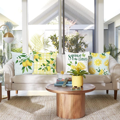 Bonhause Lemon Throw Pillow Covers 18 x 18 Inch Set of 4 Summer Fruit Farmhouse Decorative Pillows Case Soft Velvet Cushion Covers for Couch Sofa Patio Garden Home Decor