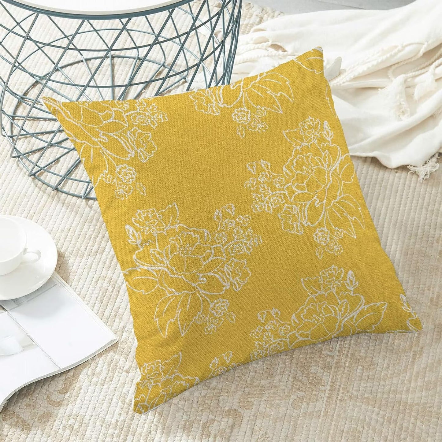 Spring Yellow Floral Throw Pillow Covers 18x18 Set of 2, Seasonal Holiday Decorative Pillow Covers Neutral Flower Decoration Outdoor Cushion Cover for Sofa Couch Farmhouse