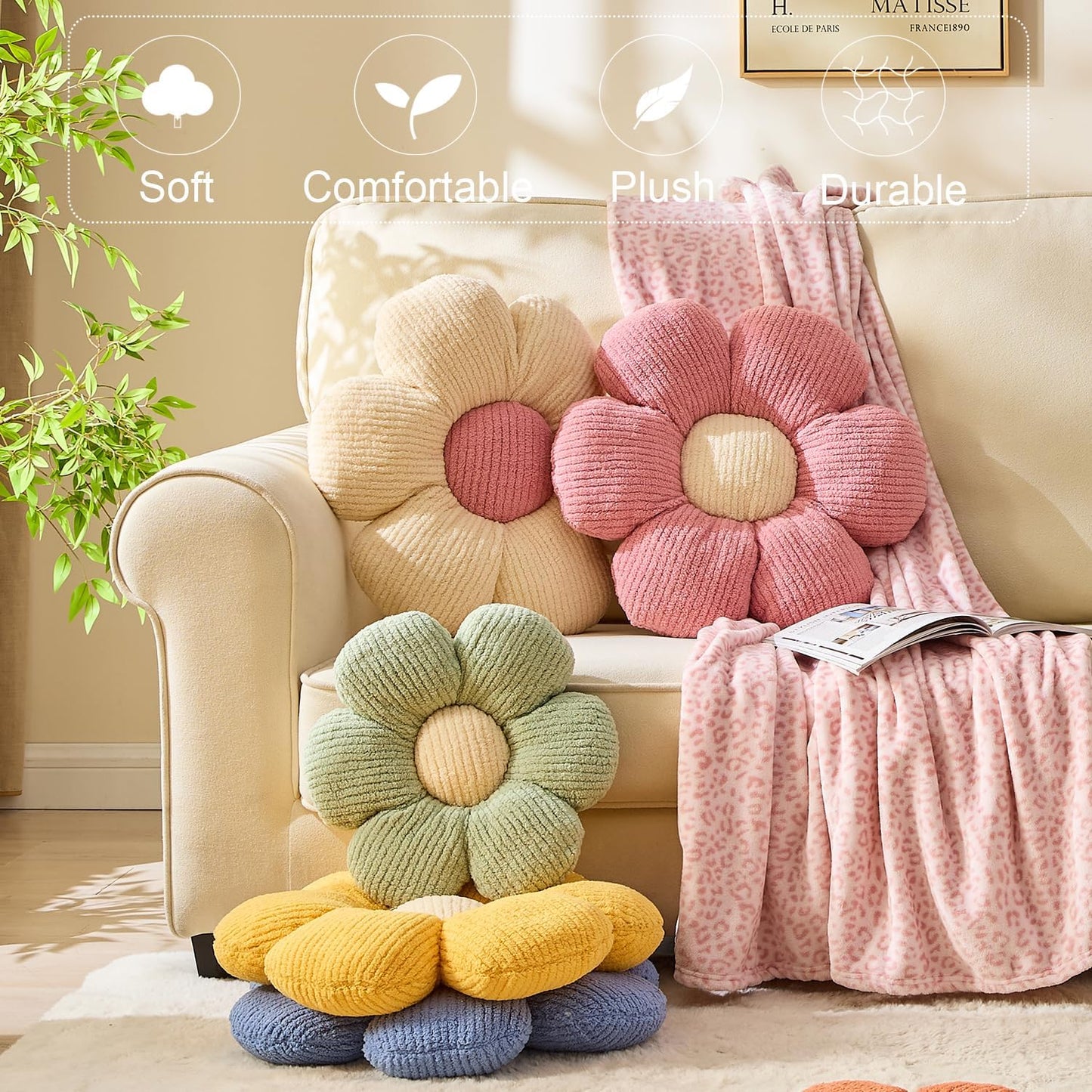 XIAIJIA Daisy Decorative Pillow - Cute Yellow Flower Cushion, 15.7"