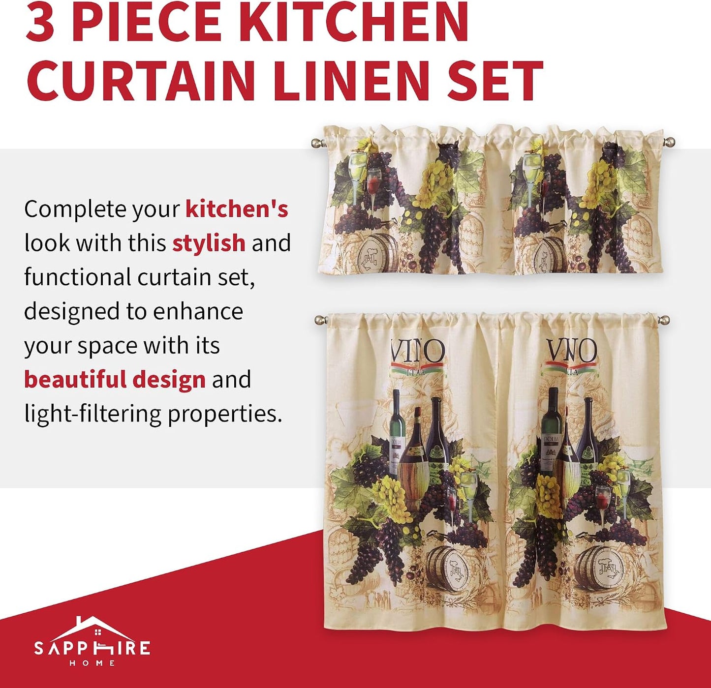 Sapphire Home Kitchen Curtain Linen 3 Piece Set - 2 Tiers + 1 Tailored Valance, Sunflower Design Linen Stylish Window Curtains for Your Kitchen Décor, KC Sunflower White Green Yellow