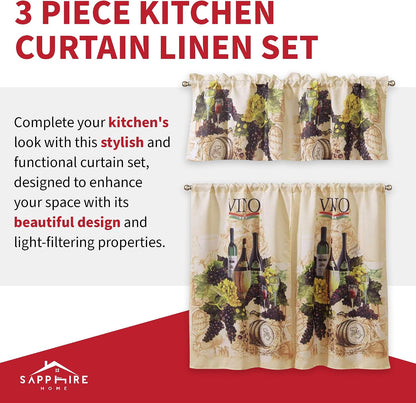 Sapphire Home Kitchen Curtain Linen 3 Piece Set - 2 Tiers + 1 Tailored Valance, Sunflower Design Linen Stylish Window Curtains for Your Kitchen Décor, KC Sunflower White Green Yellow